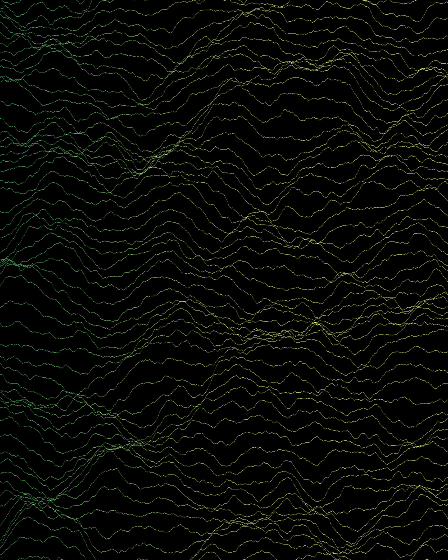 Abstract oscilloscope-like wavy green lines on a black field